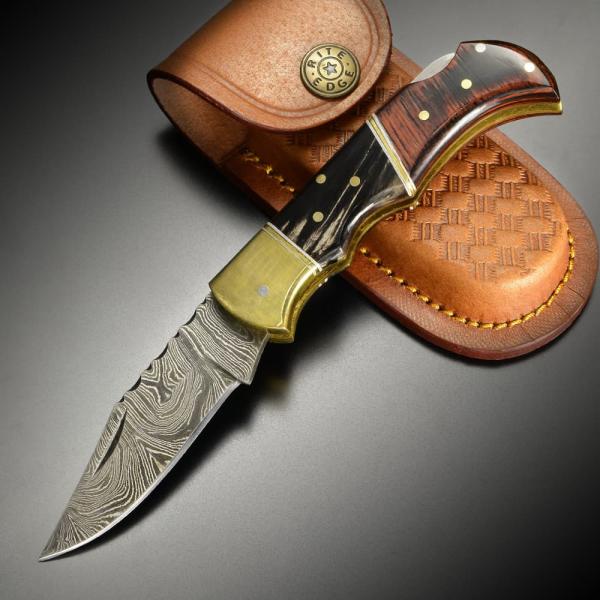 折りたたみナイフ ダマスカス鋼 ロックバック式 DM1214 レザーシース付 フォールディングナイフ...