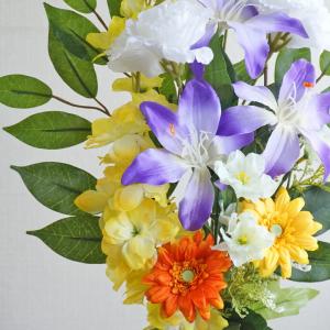 仏花 造花 紫ユリと橙黄ガーベラの供花 一対 ...の詳細画像3