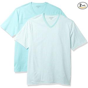 新品■Amazon Essentials Tシャツ Vネック 2枚組 レギュラーフィット 半袖 メンズ アクアブルー/ホワイト ストライプ XS (日本サイズS相当)｜repros