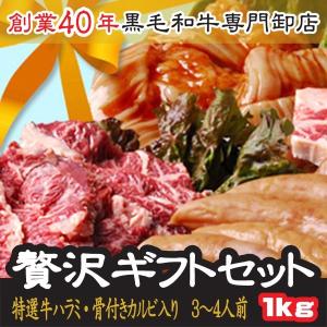 肉 BBQ セット 特選牛ハラミ 骨付きカルビ 贅沢 ギフトセット 約3-4人前 計1キロ タレセット付 ギフト ホルモン【ギフト１kg】