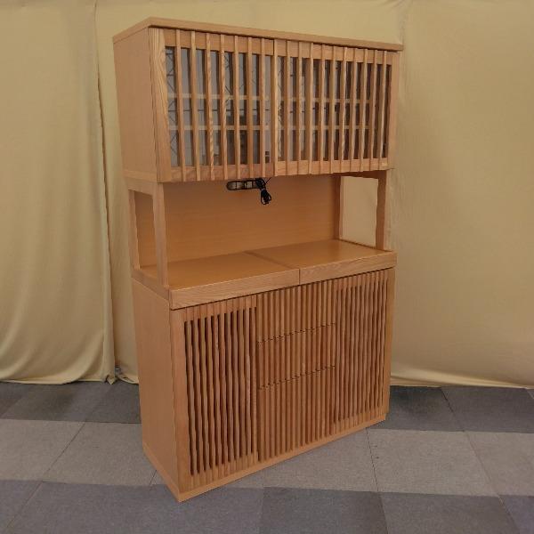 中古 キッチン収納 和モダン 格子 家電収納庫 レンジ台 引き出し カップボード ダイニングボード ...