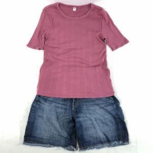 ユニクロ レディース 半袖 Uネック リブ Tシャツ  ピンク  ＋ カットオフ デニム ショートパンツ  2点セット S  やや美品