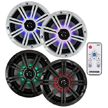 4) Kicker 4143BKM614LCW 6.5インチ 390W LED マリン同軸スピーカー...