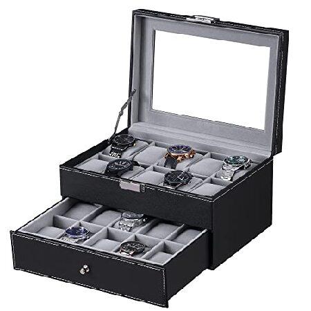 BEWISHOME Watch Box Organiser 20 Men Glass Top Bla...