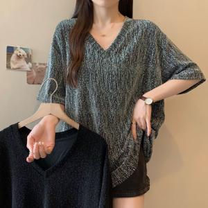 【新作】 大きいサイズデザイン スプリット Vネック 半袖 Tシャツ レディース ゆったり スリミング レディース イン ファット MM トップス