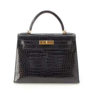 エルメス □G刻 ケリー28 ポロサス クロコダイル 2WAY ハンドバッグ ブラック【中古】