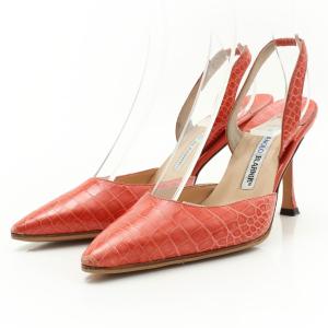 Manolo Blahnik　クロコ バックストラップ ポインテッドトゥ パンプス ピンク 37 1/2 30983｜retrojp