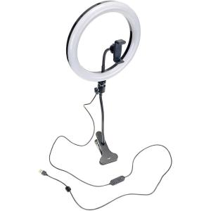 オンライン会議 飲み会  顔を綺麗に見せる LEDリングライト 10インチ 調光調色 25cmアームクリップ式 スマホホルダー USB電源ケーブル フリッカーレス