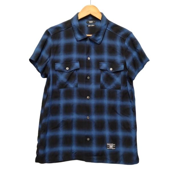 TMT ティーエムティー レーヨン チェック 半袖シャツ レーヨン ブルー×ブラック サイズM 正規...