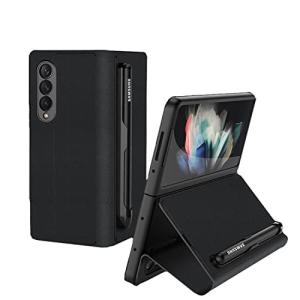 Samsung Galaxy Z Fold 3 5G用の高級ビジネスレザー電話ケース内蔵Sペンホルダーポケットオールインクルーシブ耐衝撃保護カバー (黒)