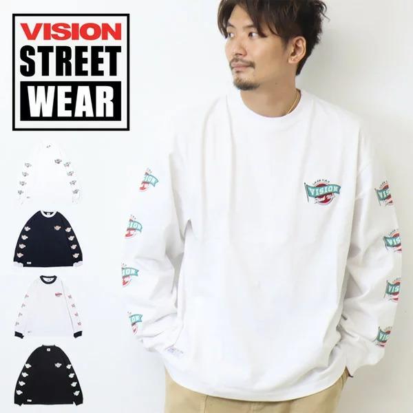 VISION STREET WEAR ビジョンストリートウェアー 袖プリント 長袖Tシャツ ロゴ刺繍...