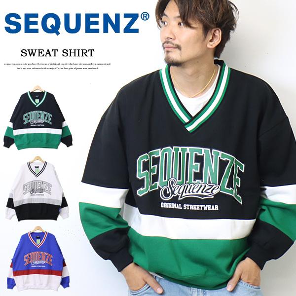 SEQUENZ シークエンズ Vネック 切り替え スウェットシャツ トレーナー 裏起毛 メンズ レデ...