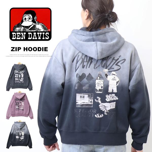 BEN DAVIS ベンデイビス ブリーチ加工 プリント スウェットジップパーカー 裏起毛 メンズ ...