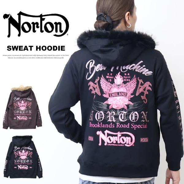 Norton ノートン ファー脱着 MAXピンクジップパーカー 裏毛 メンズ スウェットパーカー フ...