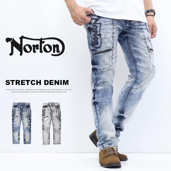 Norton ノートン ストレッチ ケミカル ジップ使い デニムパンツ ジーンズ メンズ ボトムス ...