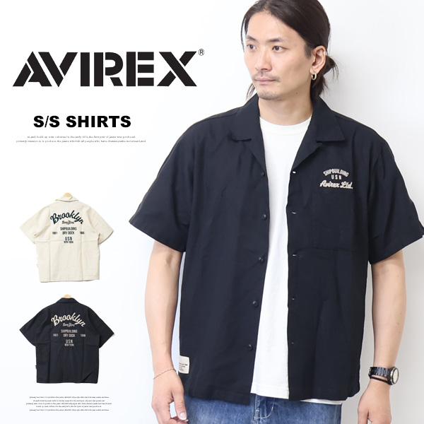 AVIREX アヴィレックス リネンコットン 半袖シャツ Brooklyn 刺繍 メンズ オープンカ...