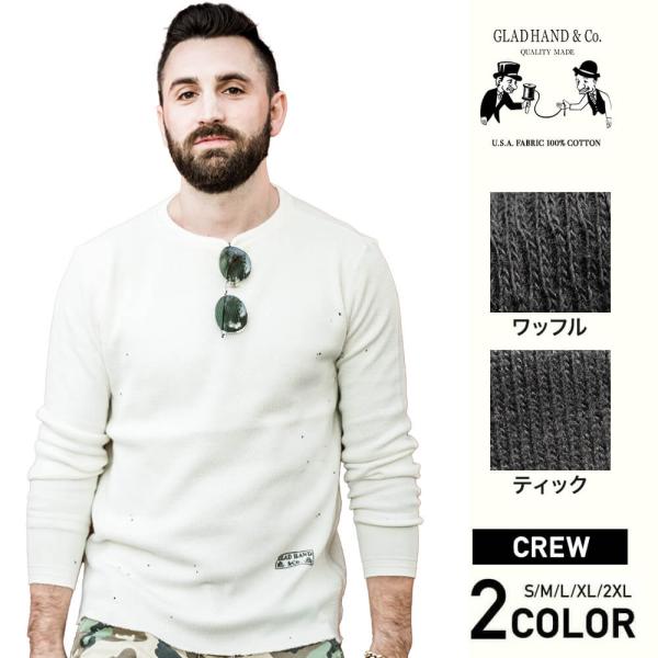 グラッドハンド ヴィンテージ加工 Tシャツ メンズ 厚手 クルーネック ワッフル サーマル ティック...
