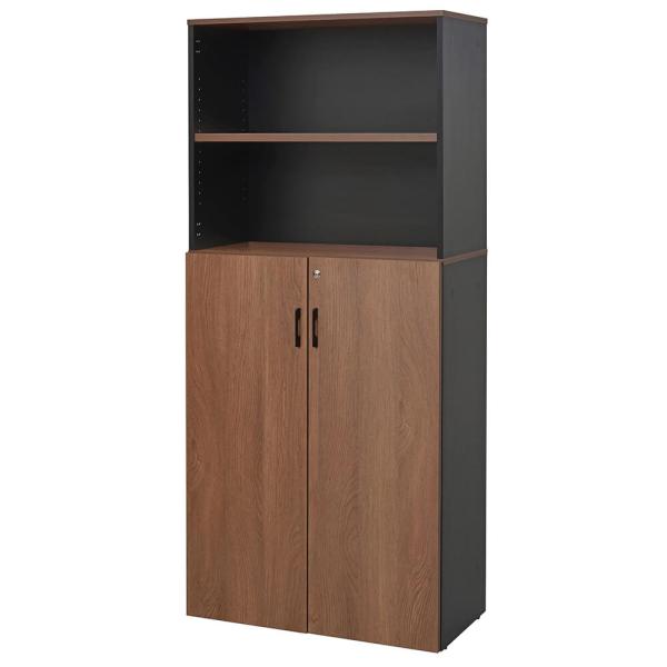 プラン木製シェルフ W800×H1850 ウォルナット×ブラック 下部扉付き RFPS-8018DB...