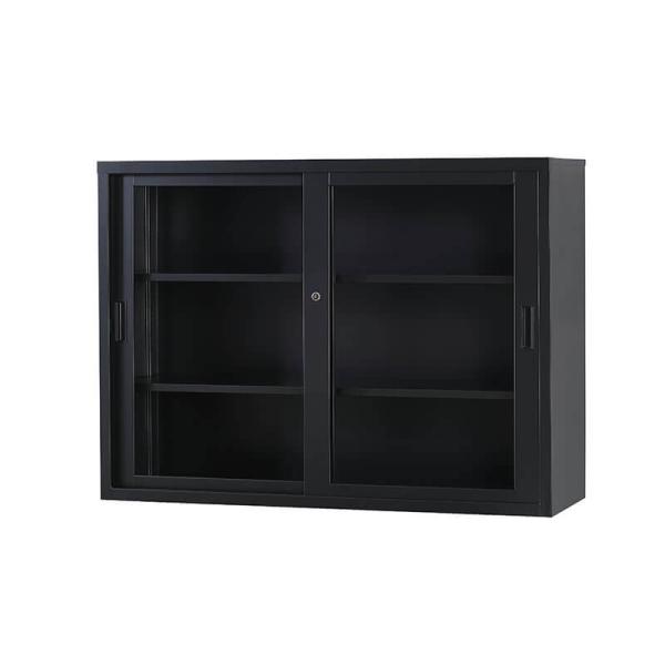 TSシリーズ スチール収納43浅型ガラス引戸書庫 マットブラック◆TS-43G-MB