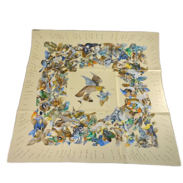 HERMES エルメス カレ90・鳥 バードパターン シルク スカーフ ネックウェア/ベージュ系/プ...