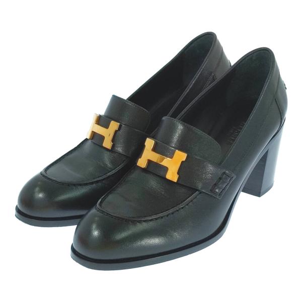 HERMES エルメス モカシンパリ・Hロゴ ゴールド金具 ローファー 靴/37 1/2/ブラック/...