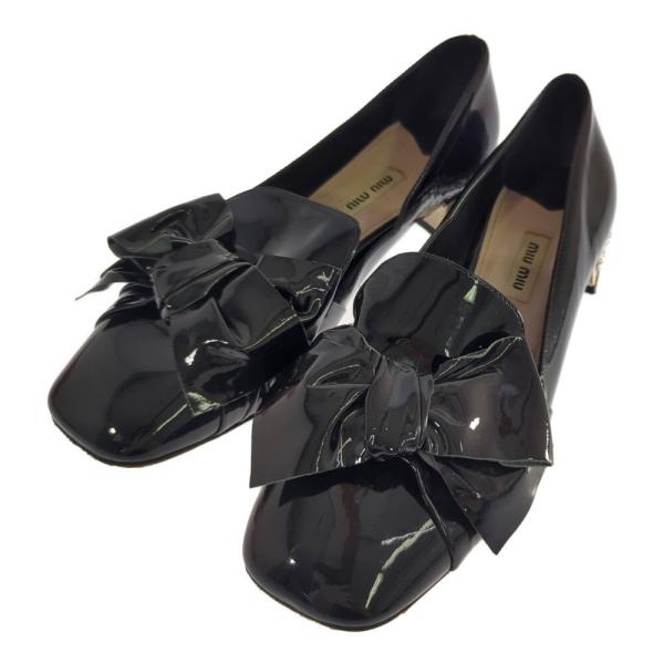 miu miu ミュウミュウ エナメルレザー リボン ヒール ローファー パンプス 靴/39/ブラッ...