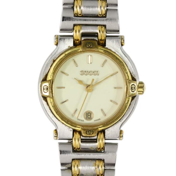 訳あり グッチ アイボリー文字盤 コンビ クォーツ時計/GP×SS-47.7g/9000L/シルバー...