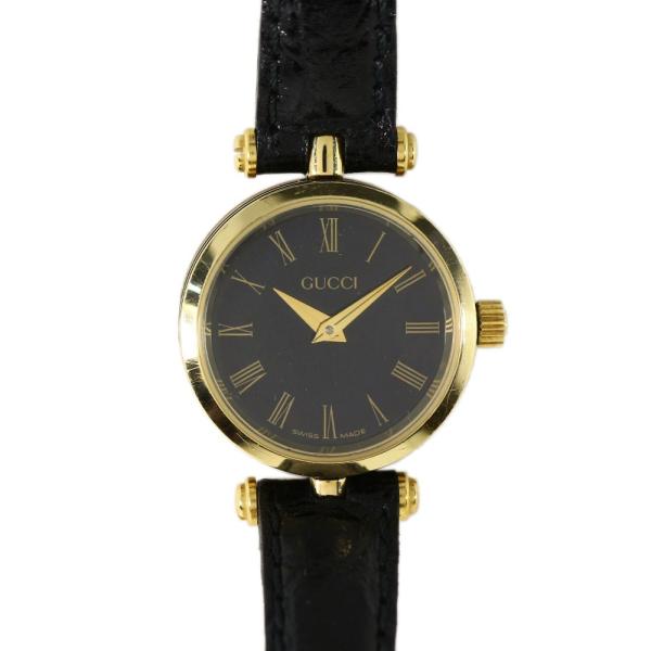 グッチ ラウンド レザーベルト クォーツ時計-13.7g/ゴールド×ブラック文字盤/RF2/h181...