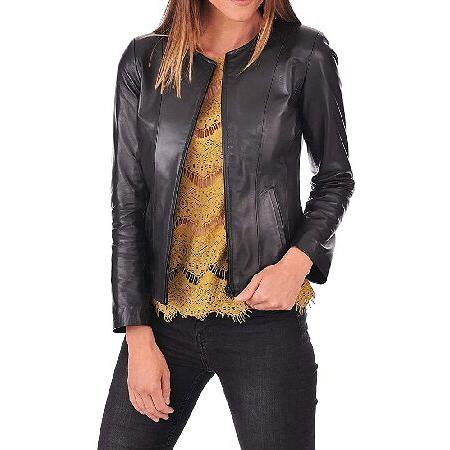 送料無料100% Leather Jacket for Women - Collarless Dee...