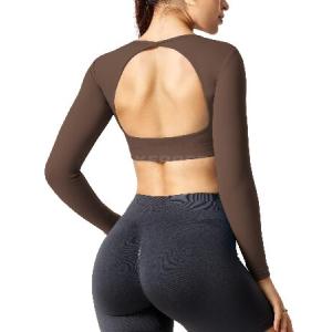 送料無料YEOREO Ultimate Workout Crop Tops for Women Long Sleeve Open Back Shirts Padded Bra Backless Yoga Gym Tops Coffee L並行輸入｜rgt-on-line