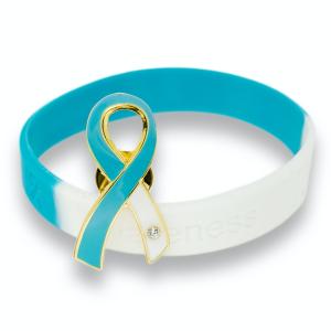 ティール＆ホワイトリボン ピンバッジ ブレスレット セット 大 ギフトボックス付 子宮頸がん 検診 診断 アウェアネス バッチ｜ribbon-shop