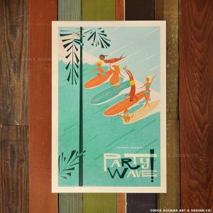 ハワイ  アートプリント ニック・カッチャー トラベルポスター カヌー ワイキキ パーティー ウェーブ Canoes Waikiki Party Wave 絵 Nick Kuchar Travel Print｜richsmile