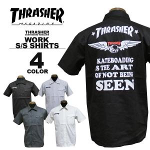 スラッシャー THRASHER ワークシャツ 半袖シャツ SEEN S/S WORK SHIRTS ブラック 黒 ストライプ チャコールグレー ホワイト 白 メンズ レディース｜rifflepage