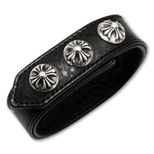 クロムハーツ/CHROME HEARTS ブレスレット 3ボタン2スナップ レザーブレスレットw/ク...