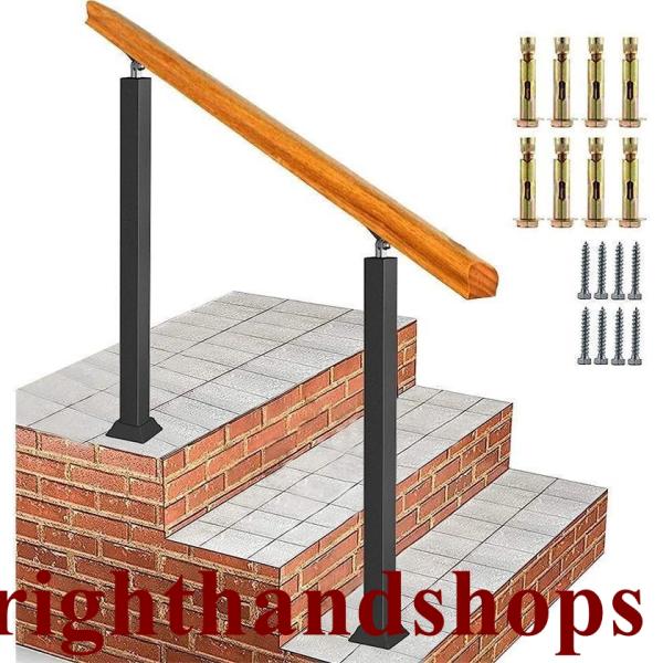 玄関手すり 屋外 玄関階段 手すり 無垢材の手摺り おしゃれ マットブラックアイアン 階段手すり 角...