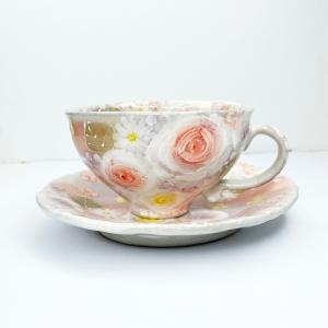 ゆずりは工房　カップ＆ソーサー　青彩ローズ　薔薇　花柄　陶器　瀬戸焼 工房ゆずりは 福々碗 緑彩花畑 瀬戸焼 花柄 優しい感性 女性だけの工房