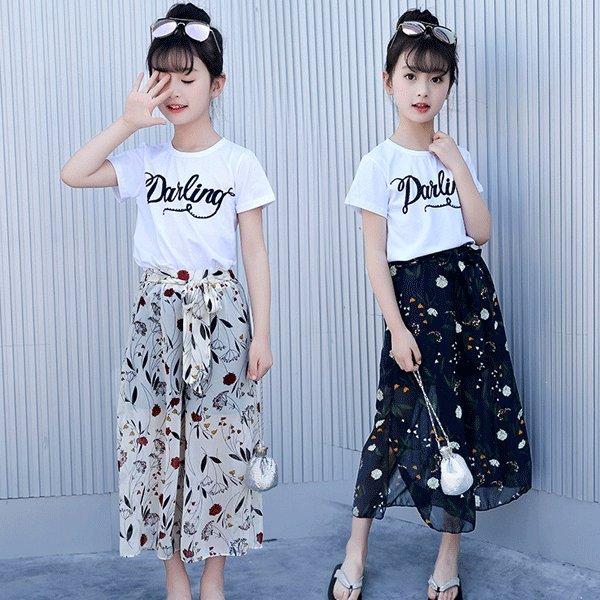 ワイドパンツ 女の子 セットアップ ロングパンツ Ｔシャツ 半袖 スカンツ シフォン スカーチョ キ...