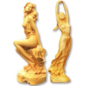 ツゲの木彫り 木彫り彫刻 女神 女性像 女神像 木彫り像 ヌード 木製 彫刻 置物 インテリア オブジェ 美少女 2体セット｜rimikuru