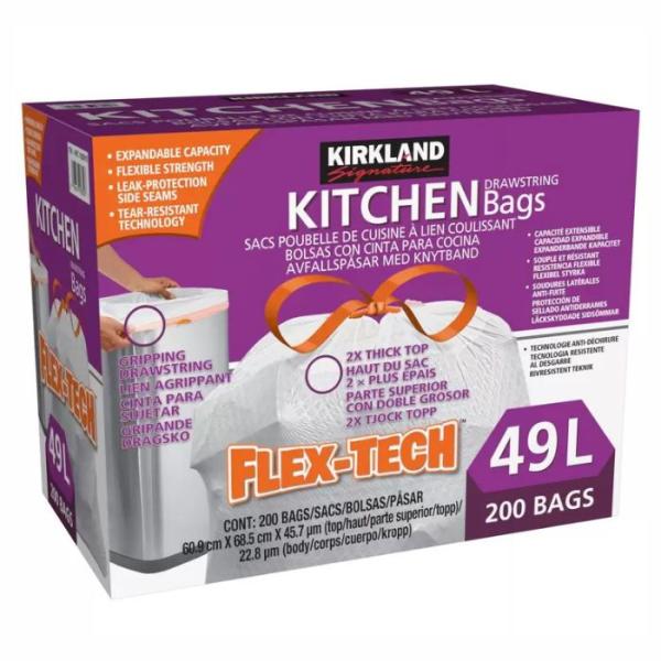 カークランドシグネチャー ひも付き ゴミ袋 49L x 200枚 白 丈夫 耐久性 引き紐 簡単 ゴ...