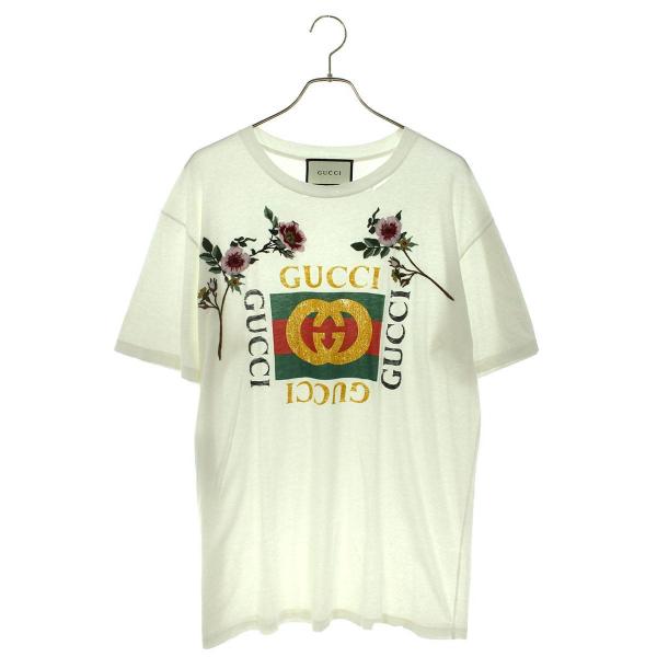 グッチ GUCCI 457094 X5L88 サイズ:XL フラワー刺繍GGロゴプリントTシャツ 中...