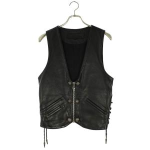 クロムハーツ ベスト サイズ:XS 6BTN ZIP FRNT VEST ラージCHクロス装飾ボールボタンレザーベスト 中古 SJ02
