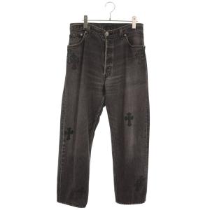 クロムハーツ 34インチ U VNTG JEAN BLK RED TAB クロスパッチ付きウォッシュド501デニムパンツ 中古 SB01