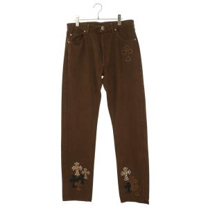 クロムハーツ サイズ:32インチ U VNTG JEAN BR RED TAB レオパードハラコクロスパッチ付きウォッシュドデニムパンツ 中古 GZ11