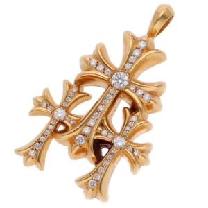 クロムハーツ 22K 3 CH CRS SML P DMND トリプルCHクロススモール PAVEセンターダイヤ ゴールドペンダントネックレストップ 中古 SJ02