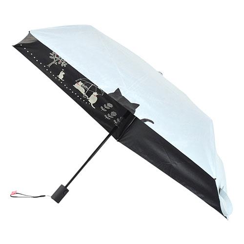 三国 50cm×5本骨 自動開閉折りたたみ傘 傘と猫 サックス 裏ブラックコーティング/遮光&amp;遮熱 ...