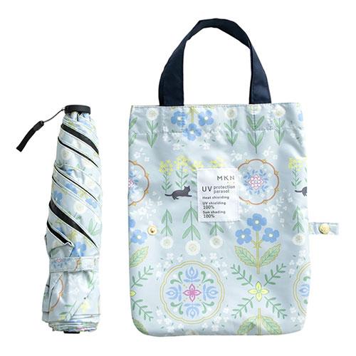 三国 MKN 遮光&amp;遮熱 黒PU傘 50cm軽量コンパクトミニ 花文様・猫(トートバッグ) グレー ...
