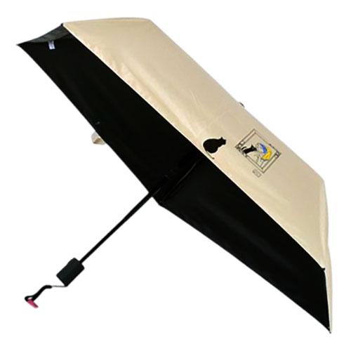 三国 50cm×5本骨 自動開閉折りたたみ傘 黒PU晴兼ミュージアムCAT ベージュ 裏ブラックコー...