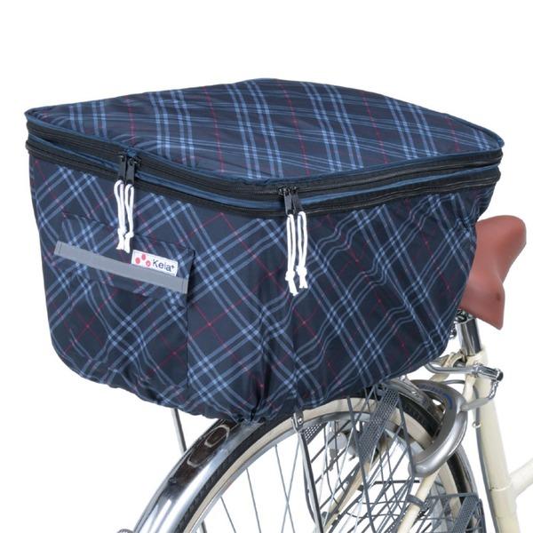 2段式 自転車カゴカバー/自転車用品 〔後カゴカバー 両開き ネイビーチェック〕 撥水加工 ポリエス...