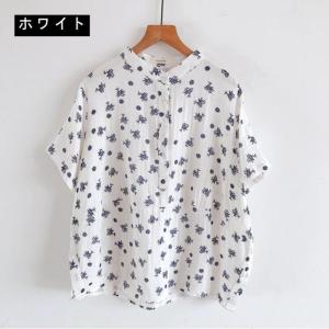 ガーゼ シャツ レディース 半袖 スタンドカラ...の詳細画像1