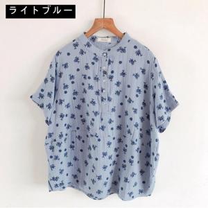 ガーゼ シャツ レディース 半袖 スタンドカラ...の詳細画像3